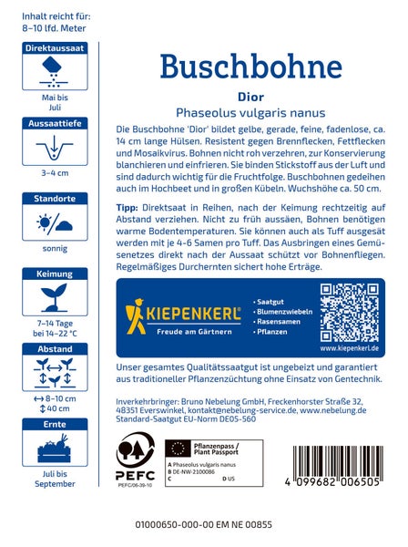 Saatgut Tüte Buschbohne Dior von Kiepenkerl mit Anbauinformationen für den Garten.
