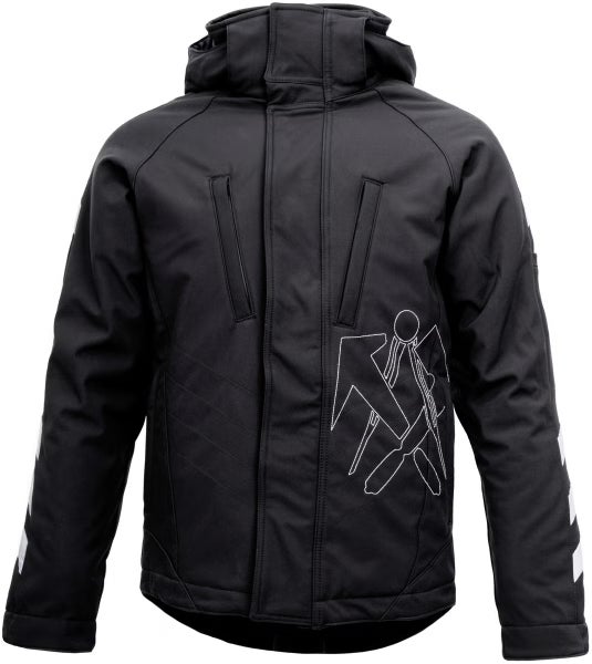 Schwarze Arbeitsjacke mit Kapuze, Brusttaschen mit Reißverschluss und weißem Zunft-Aufdruck auf der Vorderseite.