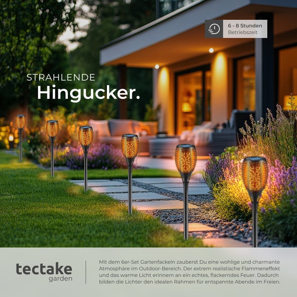 Garten mit sechs Solarleuchten im Fackellook und tectake Garten Logo