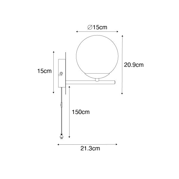Technische Zeichnung einer Wandleuchte mit den Maßen Durchmesser 15 cm, 20,9 cm Höhe, 15 cm Tiefe und 150 cm Kabellänge.