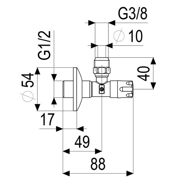 Maßzeichnung eines Eckventils mit G 1/2 Zoll Wandanschluss, G 3/8 Zoll Abgang und einer Gesamtlänge von 88 Millimetern.