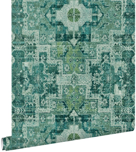 ESTAhome Tapete orientalisches Kelim-Patchwork Smaragdgrün - 53 cm x 10,05 m - 148659