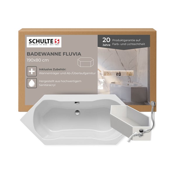 Schulte Fluvia Badewanne 190x80 Zentimeter aus Sanitäracryl mit Wannenträger und Ab beziehungsweise Überlaufgarnitur