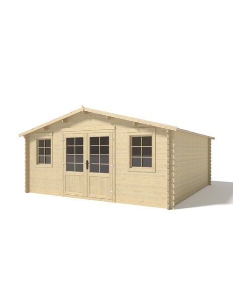 Gartenhaus aus Holz mit Satteldach, einer Doppeltür und zwei Fenstern mit Sprossen.