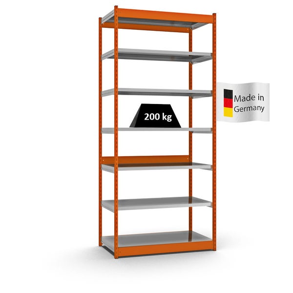 PROREGAL Fachbodenregal Stecksystem Vierkant-Profil Grundregal HxBxT 300 x 132,5 x 60 cm 7 Ebenen Einseitige Bauart Fachlast 200 kg Orange