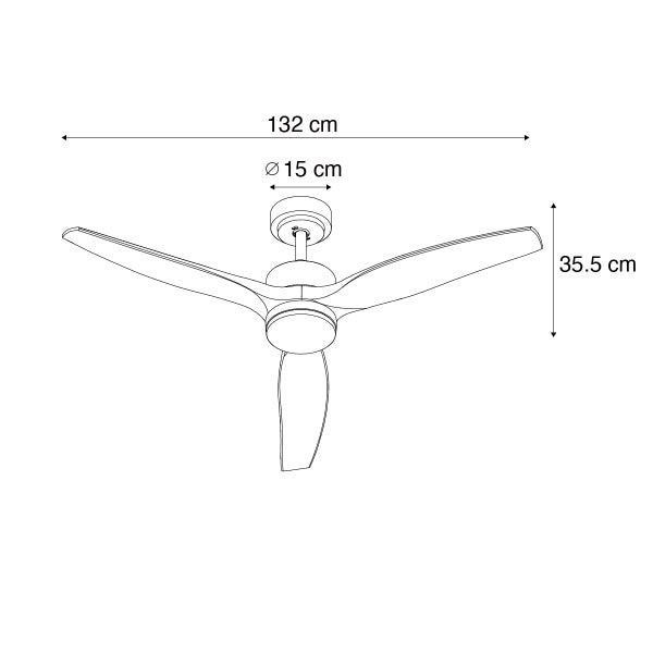 Maßzeichnung Deckenventilator mit drei Flügeln. Durchmesser 132 Zentimeter, Höhe 35,5 Zentimeter und Baldachindurchmesser 15 Zentimeter.