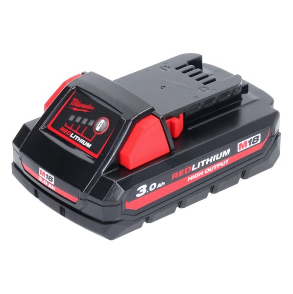 Milwaukee M18 RedLithium High Output Akku mit 3,0 Amperestunden Kapazität und Ladestandsanzeige.