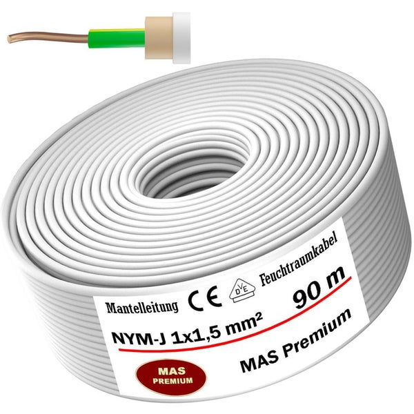 Mantelleitung NYM-J 1 mal 1,5 Quadratmillimeter, 90 Meter Rolle Feuchtraumkabel mit VDE-Prüfzeichen.