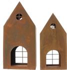 Dekoleidenschaft 2x Windlicht Haus aus Metall mit Echt Rost Finish, Kerzenhalter 45 + 55 cm hoch, Dekohaus, Weihnachtsdeko, Gartendeko für Draußen