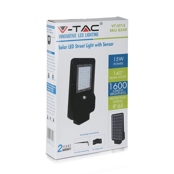 V-TAC VT-ST15 - Schwarze Solar-Straßenlampen - IP65 - 15W - 1600 Lumen - 4000K