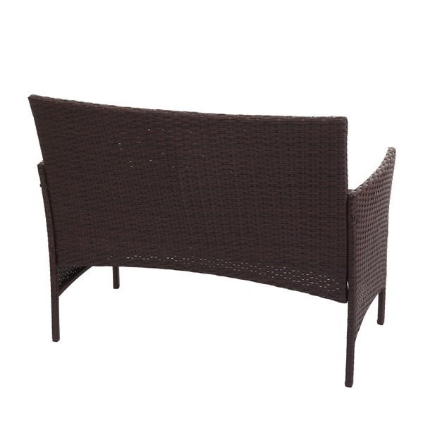 Rückansicht eines Gartensofas aus Geflecht in Rattanoptik.