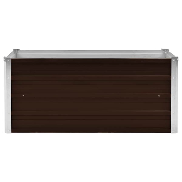 Rechteckiges Hochbeet aus braunem Metall mit horizontalen Paneelen und silberfarbenen Eckverstärkungen.
