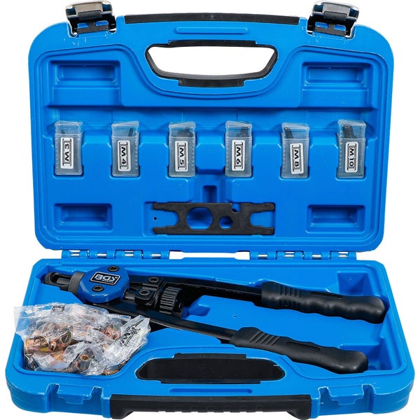 Blindnietzangen-Set im Werkzeugkoffer mit Blindnieten der Größen M3, M4, M5, M6, M8 und M10