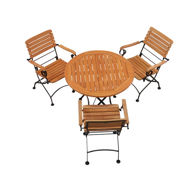 Teak Sitzgruppe 4-tlg. 3 Stühle 1 Tisch rund 90 cm klappbar premium