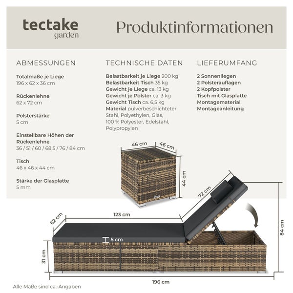tectake Rattan-Doppelliege mit Tisch - einstellbare Lehne, color_nature
