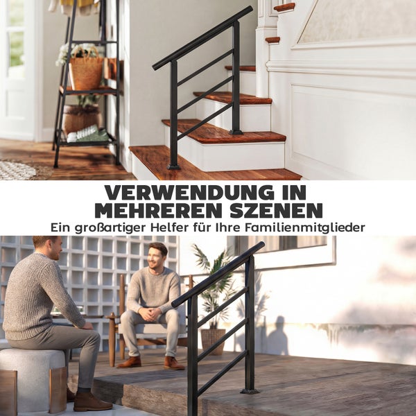 Schwarzes Metallgeländer im modernen Design, montiert an einer Holztreppe im hellen Innenraum und auf einer Holzterrasse im Außenbereich.