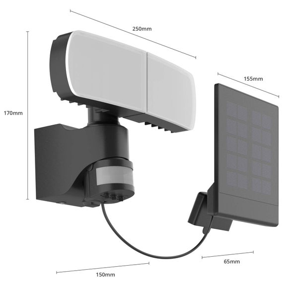 Schwarzer LED-Solarstrahler mit zwei Köpfen, Bewegungsmelder und separatem Solarpanel. Breite 250 Millimeter, Höhe 170 Millimeter.