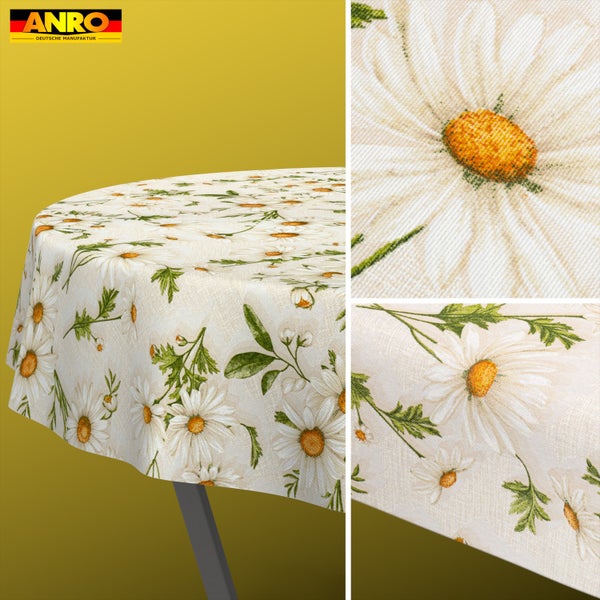 Runde Tischdecke mit Gänseblümchen-Muster, Detailansichten der Gewebestruktur und des Randes, ANRO Logo.