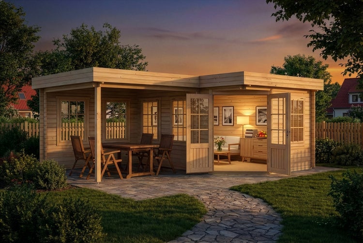 Geräumiges, modernes Gartenhaus aus Holz mit Flachdach, überdachter Terrasse mit Sitzgruppe und hell beleuchtetem, organisiertem Innenraum im Garten.