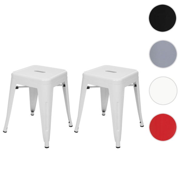 Zwei weiße Metallhocker mit quadratischer Sitzfläche