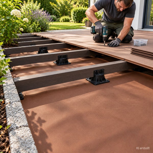 Handwerker montiert Terrassendielen aus Verbundwerkstoff auf einer Unterkonstruktion mit Stelzlagern und Unkrautvlies im Garten.