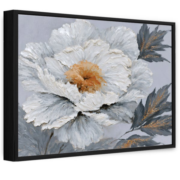 Wandbild mit abstraktem Blumenmotiv in Spachteltechnik mit Strukturpaste und Goldakzenten im schwarzen Rahmen