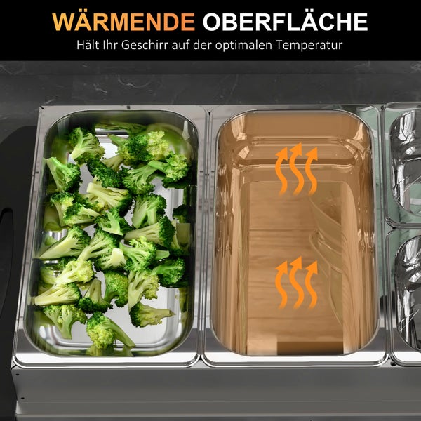 Speisewärmer aus Edelstahl mit GN-Behältern, einer davon mit Brokkoli gefüllt, Symbole zeigen die Warmhaltefunktion der Oberfläche.