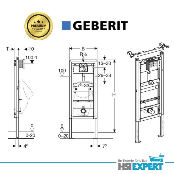 Geberit Installationssystem mit Maßangaben und Premium Qualitätssiegel