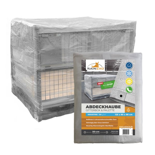 Rainexo Abdeckhaube für Gitterboxen und Paletten, transparent, 125 mal 85 mal 98 Zentimeter, UV-beständig, wasserfest und frostbeständig.