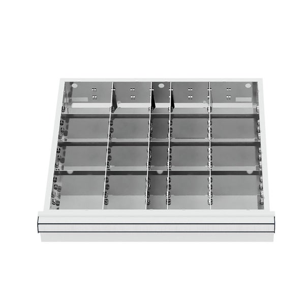 Rastereinsatz aus Metall zur Facheinteilung in Schubladen.