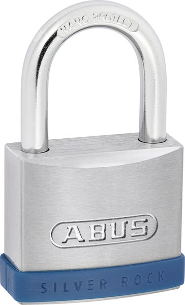 ABUS Vorhangschloss Silver Rock aus Metall mit Nano Protect Bügel und blauem Stoßschutz.