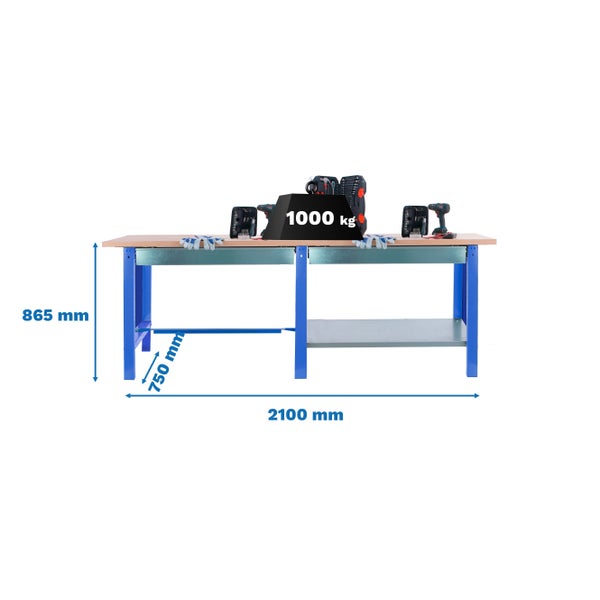 Werkbank BUFFALO WOOD mit 2x Schublade| HxBxT 86,5x210x75cm | Traglast 1000kg | Blau