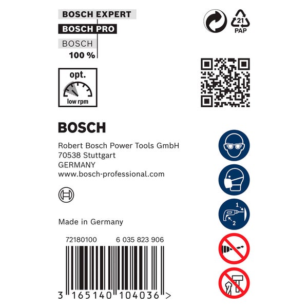 Bosch Experte Logo, Informationen zum Recycling, Sicherheitsvorkehrungen und Barcode