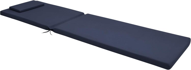 Dunkelblaue Liegenauflage für Gartenliegen mit integriertem Kopfkissen und Befestigungsbändern.
