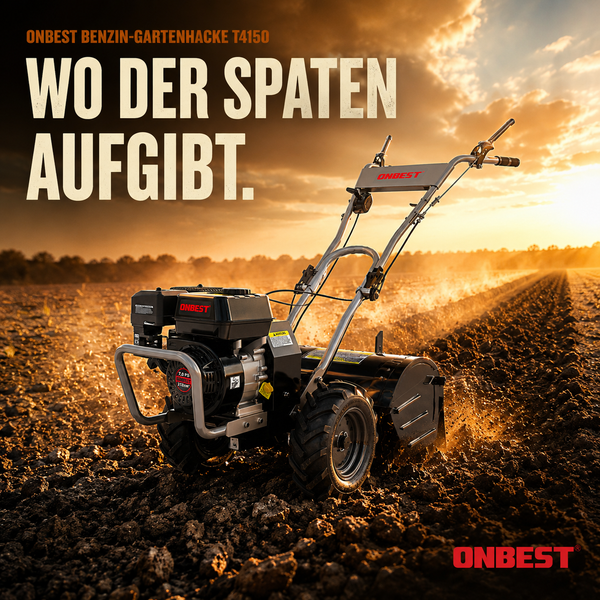 ONBEST Benzin-Gartenhacke T4150 bei der Bodenbearbeitung auf einem Feld während des Sonnenuntergangs.
