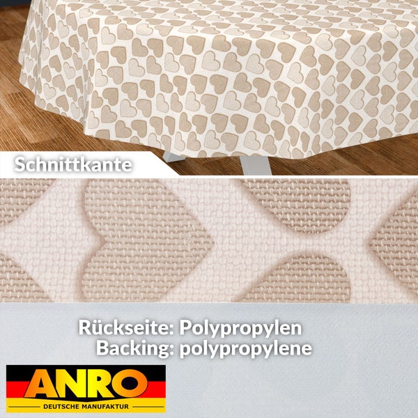 Runde Tischdecke mit Herzmuster, Schnittkante, Polypropylen-Rückseite und ANRO Logo.