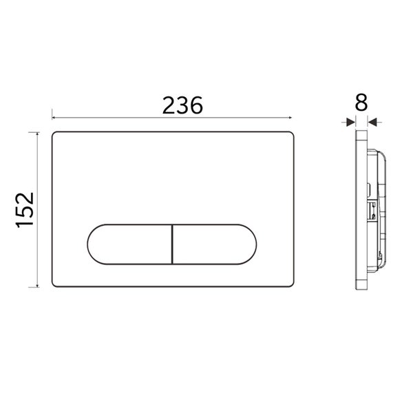 Abmessungen einer Betätigungsplatte für eine Toilette: 236 mm breit, 152 mm hoch und 8 mm dick.