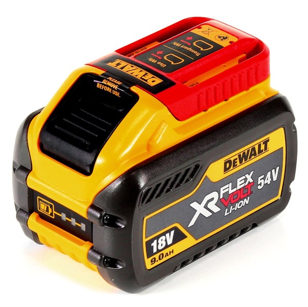 DeWalt XR FlexVolt Lithium-Ionen-Akku mit 18 Volt oder 54 Volt und 9,0 Amperestunden Kapazität.