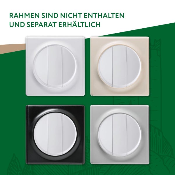 Vier Lichtschalter Einsätze in verschiedenen Ausführungen ohne Rahmen. Hinweis: Rahmen sind nicht enthalten und separat erhältlich.