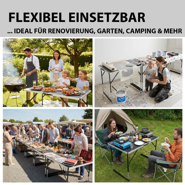 Collage mit Szenen, die einen klappbaren Tisch in verschiedenen Umgebungen zeigen: Grillen, Renovierung, Flohmarkt und Camping