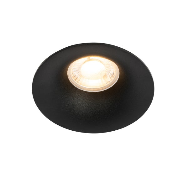 Schwarzer, runder Einbaustrahler mit eingeschalteter warmweißer LED-Lampe.