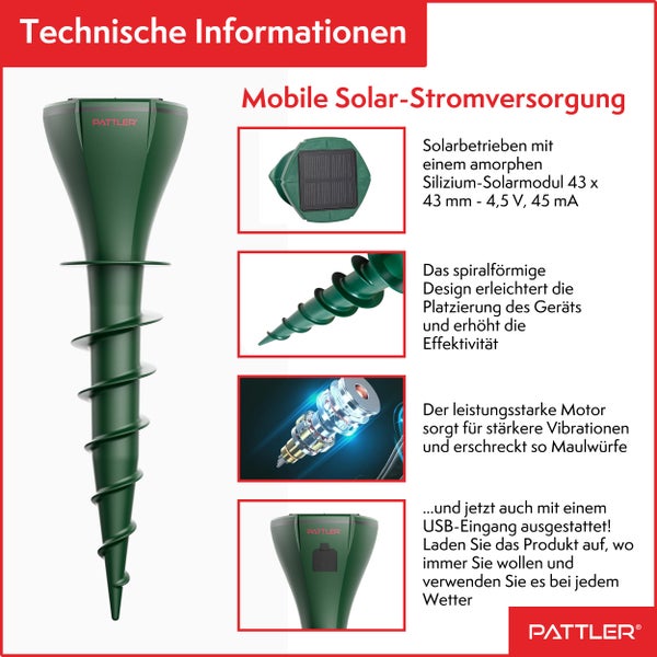 PATTLER® Maulwurf Vertreiber 2er Set - Effektiv Maulwurf vertreiben auf ca. 800m² - Flexible Verwendung durch Solarmodul - innovatives Schraubdesign erhöht Effektivität