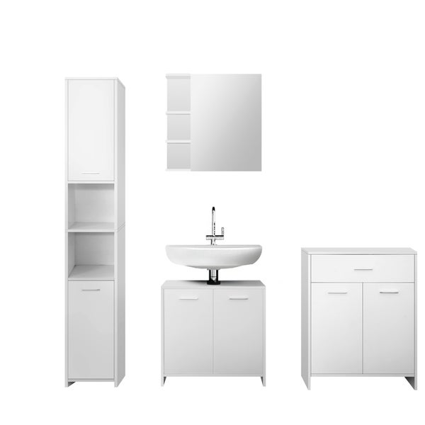 ML-Design Badmöbel-Set 4-teilig, Badezimmermöbel Set Badmöbel Komplettset, Spiegelschrank Waschtisch mit Unterschrank Hochschrank Badezimmerschrank Badschrank, Modernen Stil, Weiß, Holz, viel Stauraum