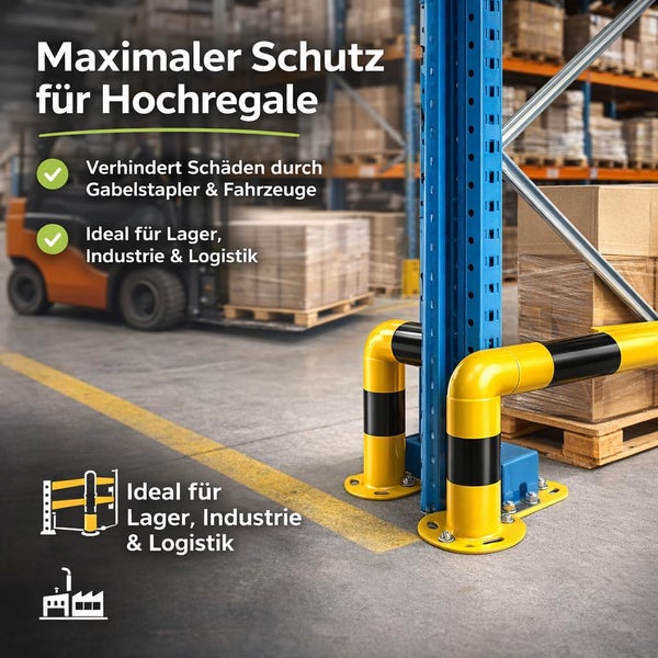 Gelb-schwarzer Eck-Rammschutz für Hochregale im Lager, am Boden montiert zum Schutz vor Gabelstaplern und Fahrzeugen.