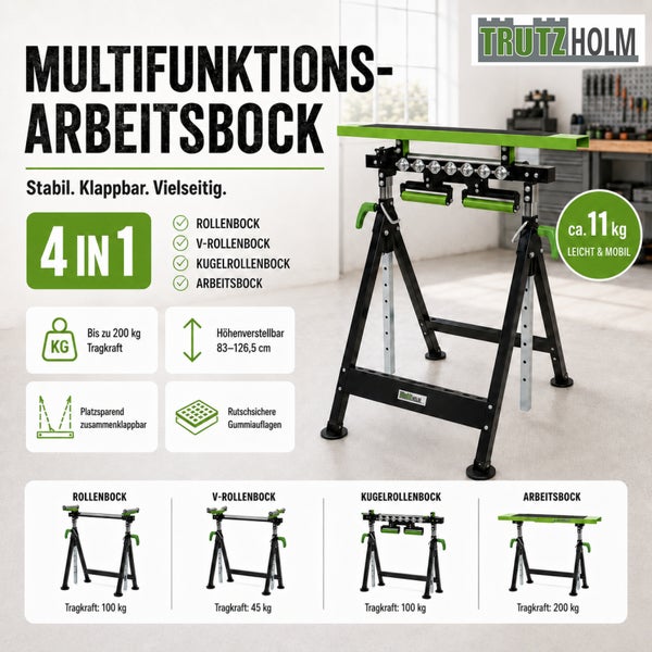 Trutzholm Multifunktions-Arbeitsbock 4 in 1, höhenverstellbar von 83 bis 126,5 Zentimeter, klappbar, Tragkraft bis 200 Kilogramm, Trutzholm Logo.