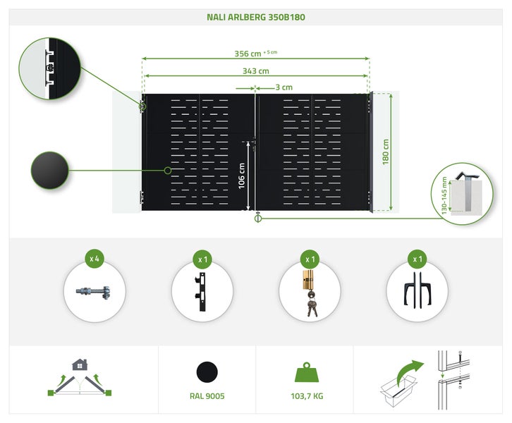 Nali Arlberg 350B180 Gartentor Übersicht mit Maßangaben und Details