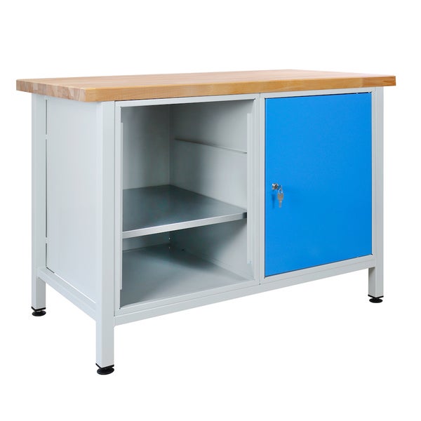 PROREGAL Werkbank Rhino mit 1 Tür Regalteil HxBxT 84 x 120 x 60 cm Traglast 300 kg Lichtgrau Blau