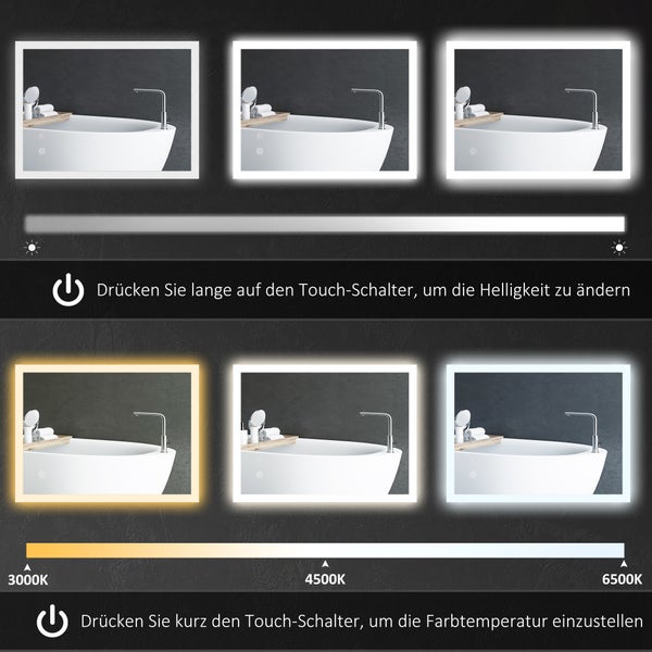 kleankin Badspiegel, Badezimmerspiegel mit LED-Beleuchtung, Lichtspiegel mit Touchschalter, Memory-Funktion, 80 x 60 cm beschlagfreier Wandspiegel mit 3 Lichtfarben, IP44 Wasserdicht