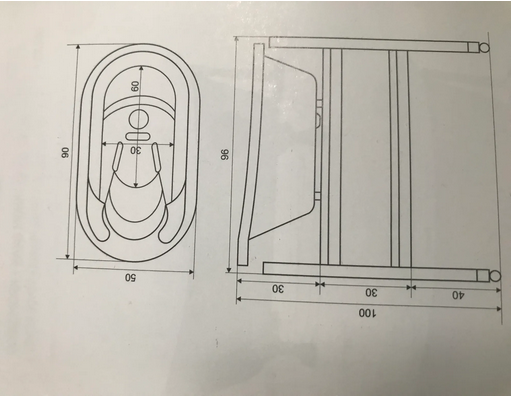Technische Zeichnung eines Babywannenständers mit Maßangaben
