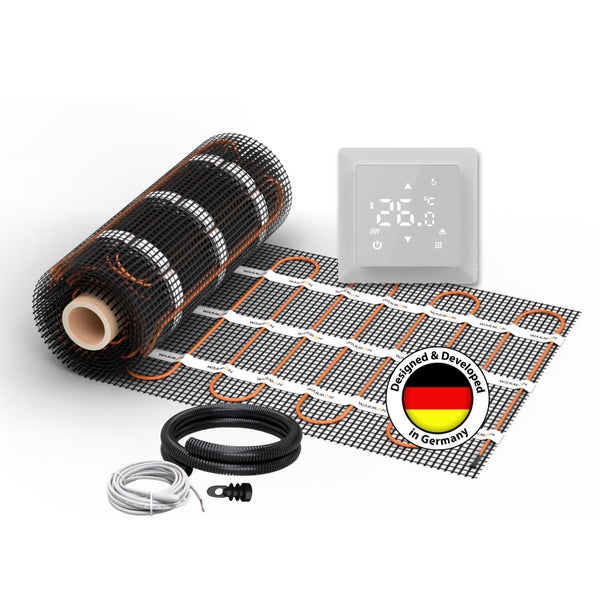 Elektrische Fußbodenheizung mit Temperaturregler, Heizkabel und Installationszubehör